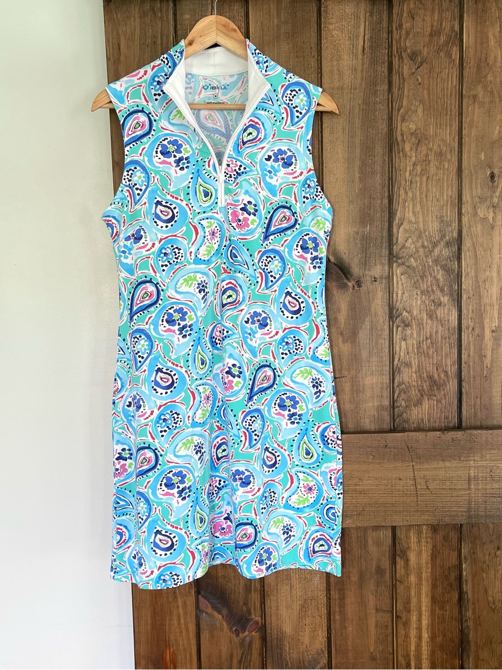 Ibkul Sleeveless Performance Dress Mock Neck Sarah Seafoam Print Medium